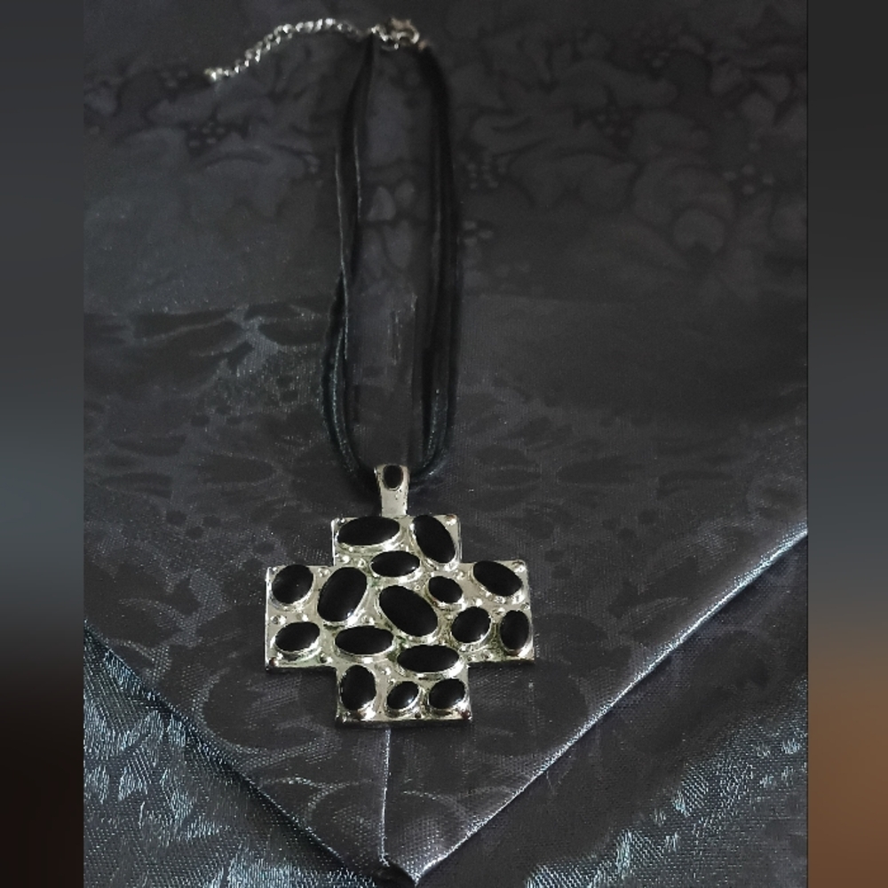 Black Cord Necklace with Silver Cross Pendant